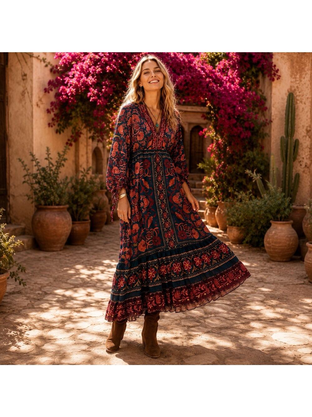 FARM Rio Navy & Rust Floral Tiered Maxi Dress